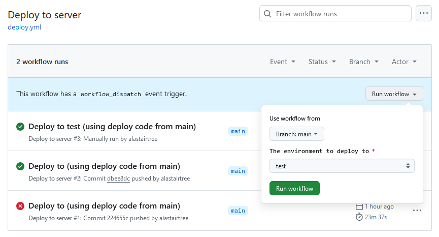 github actions UI showing deploy button